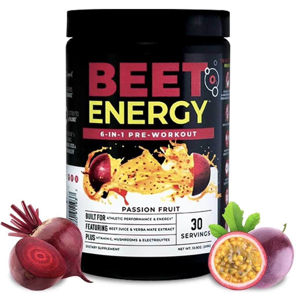 Nutrology Beet Energy O2, טרום עבודה אבקה, אנרגיה, אנדורנס ו Nitric Oxide Booster עם אבקת Beet, Yerba Mate, הסתגלות ואלקטרוליטים, טבעוני Pre Workout, תשוקה פירות פלאמור, 30 משרתות
