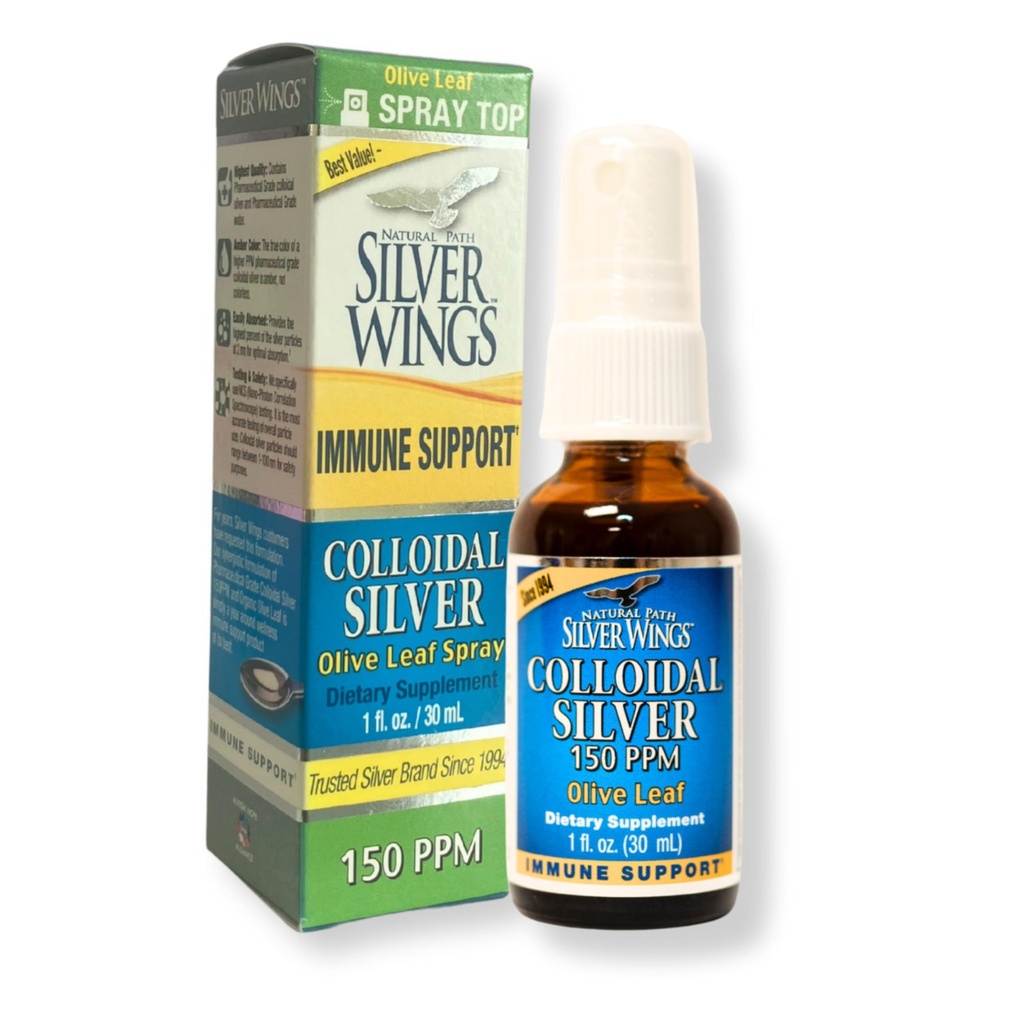 נתיב טבעי שביל Silver Wings Colloidal Silver 150ppm (750mcg) w/Olive Leaf - Immune Support Supplement - 1oz Spray