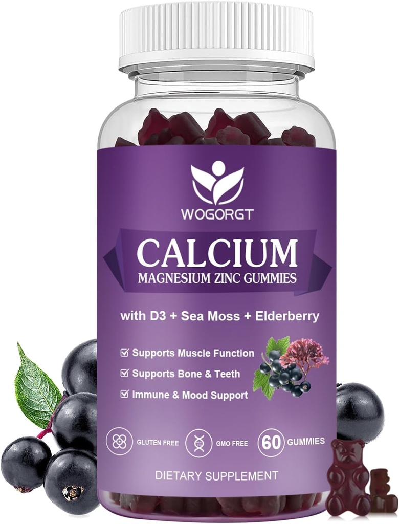 WOGORGT Calcium Magnesium Zinc Gummies עם ויטמין D3 - תוסף עתיר אלומיניום מורכב עם Sea Mosss, Elderberry עבור העצם, השרירים, Immune, Mood & Sleep Support, טבעוני - 60 חניכיים