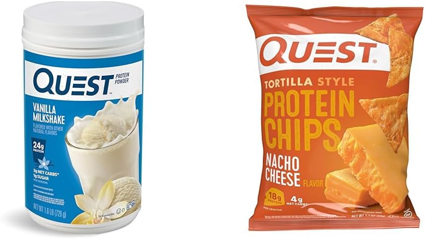 Quest Vanilla Milkshake חלבון אבקת, 24g חלבון, 1.6lb + Quest Nacho גבינות Tortilla Style צ'יפס, 18g חלבונים, Pack של 12 גרם חלבון, 1.6lb + Quest Nacho גבינת צ'יפס בסגנון צ'יפס, 18g חלבון, חבילה של 12