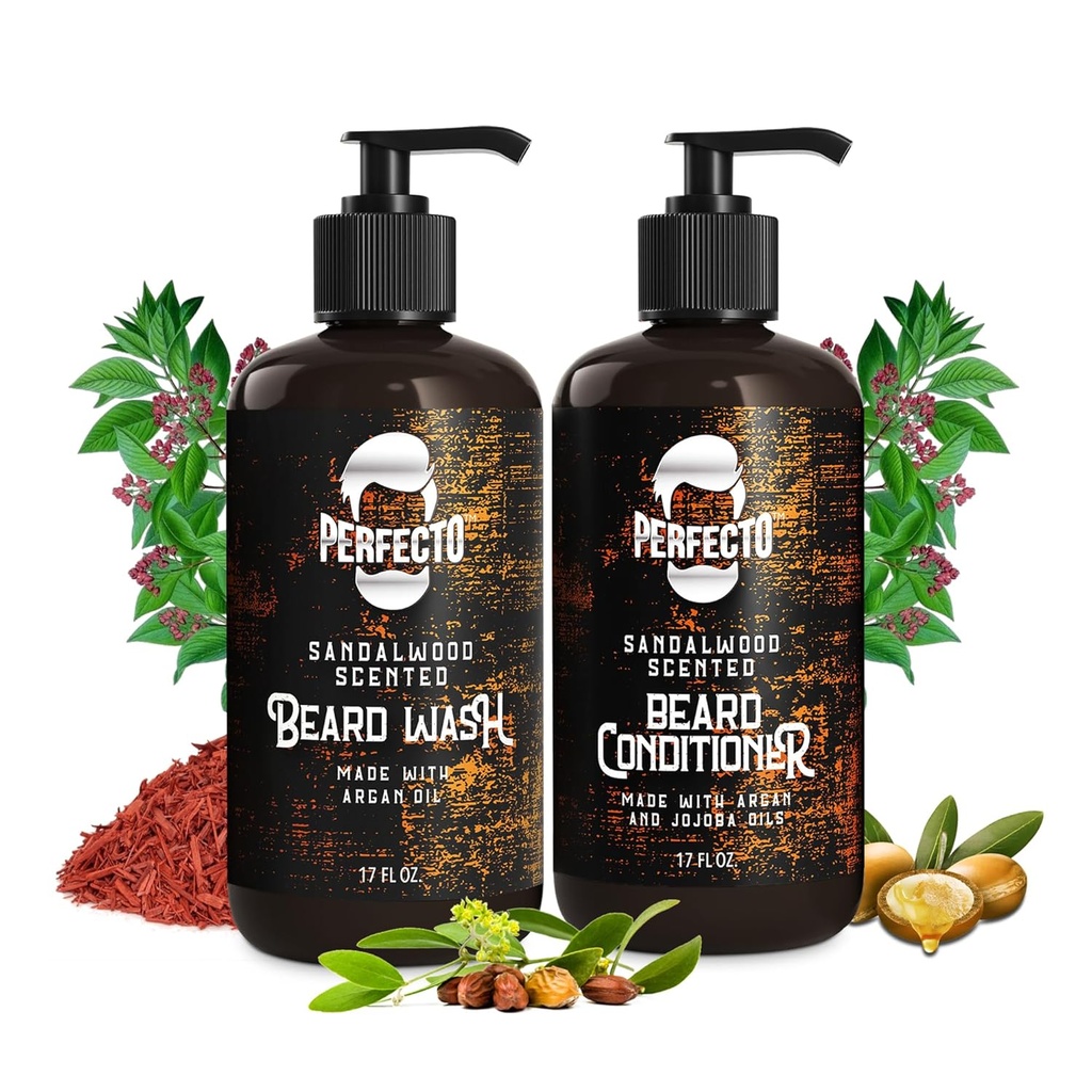 Perfecto Beard Wash & Beard Conditioner להגדיר עם Argan ו Jo Joba שמנים - מחזקים ו Softens - Natural Sandalwood Scent