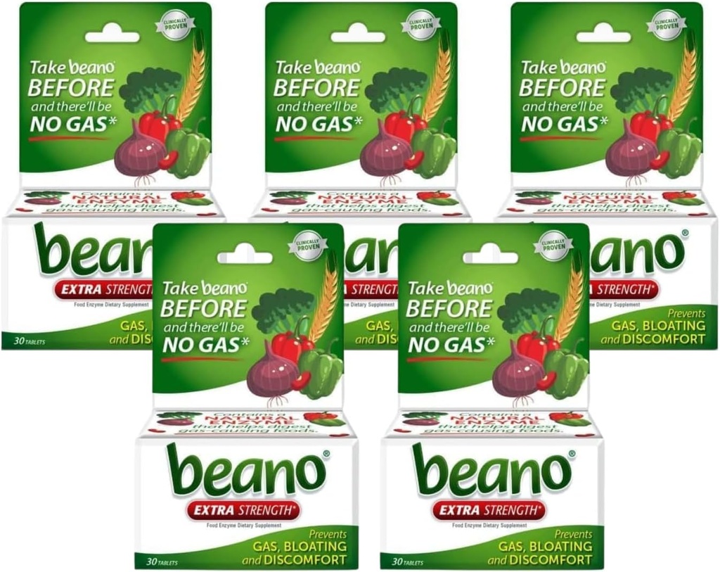 Beano תוספת כוח, Gas Prevention & Digestive Enzyme תוסף, 30 Count (Pack of 5)