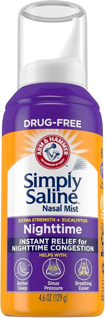 פשוט Saline Plus Nighttime Formula Nasal Mist, Eucalyptus, תוספת כוח, 4.6 fl oz - 2pcc