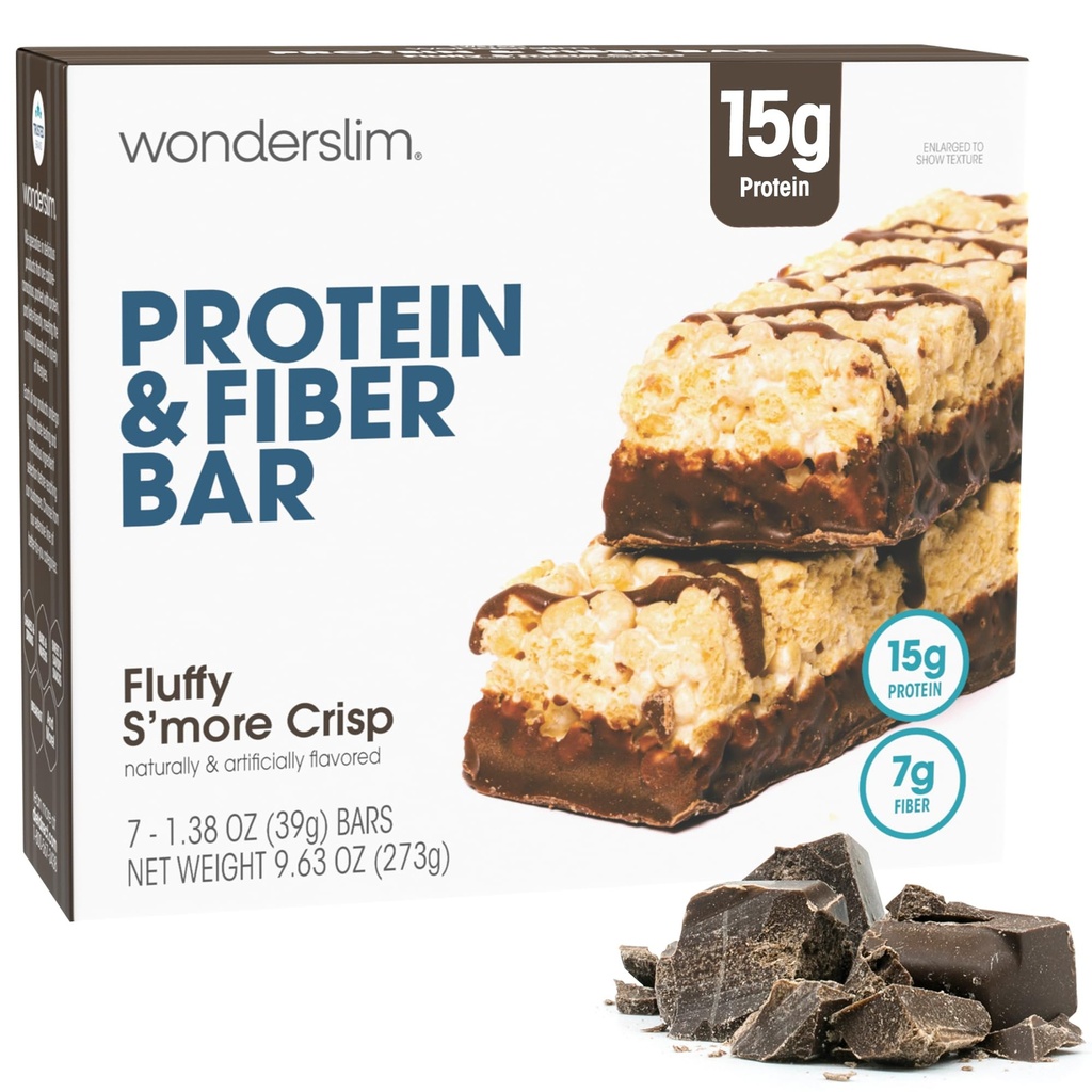 Wonderslim High סיבים חלבונים Bars, Fluffy S'more Crisp | 15g חלבון, 8g סיבים | סוכר נמוך, פחמימות נמוכה | בריאות; אינטואיציה | פיתוי, תמיכה אנרגיה & On-the-Go Convenience, 7 Pack