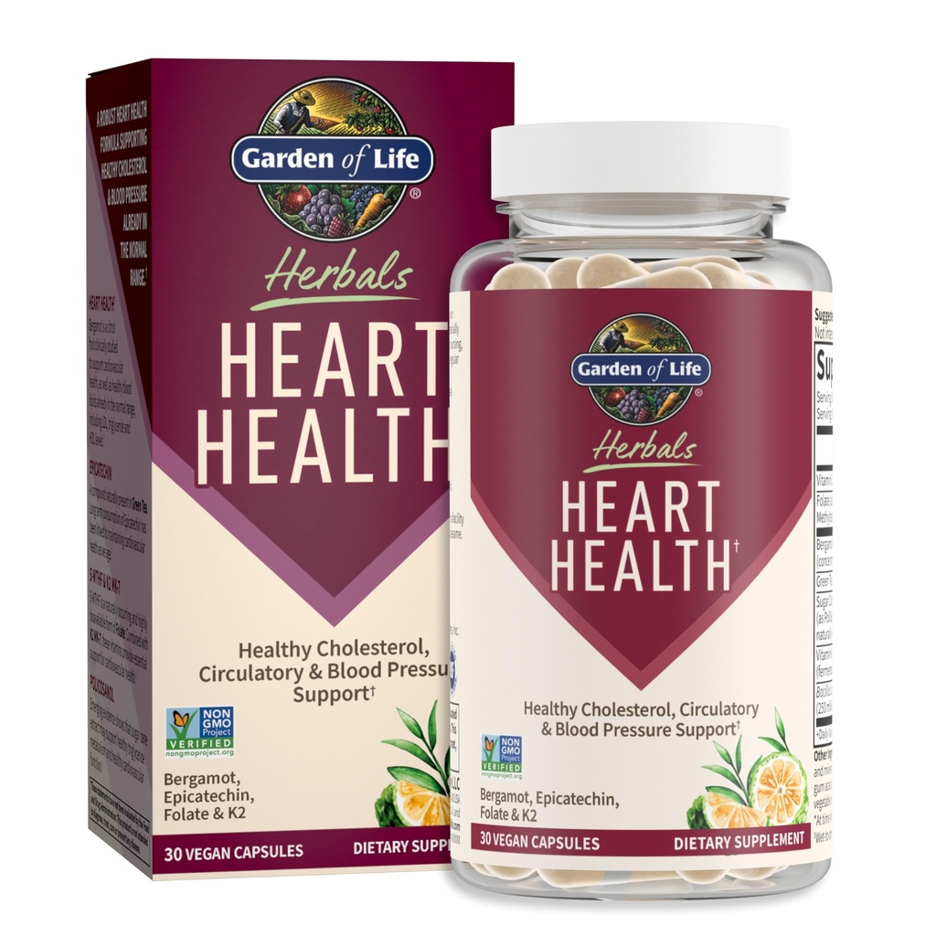 גן החיים Herbals Heart Health Supplement with Folate, Bergamot, תה ירוק ווויטמין E & K עבור Cholesterol, Circulatory & Blood Pressure Support, non-GMO, Gluten-Free, Citrus Flavor, 30 משרתים