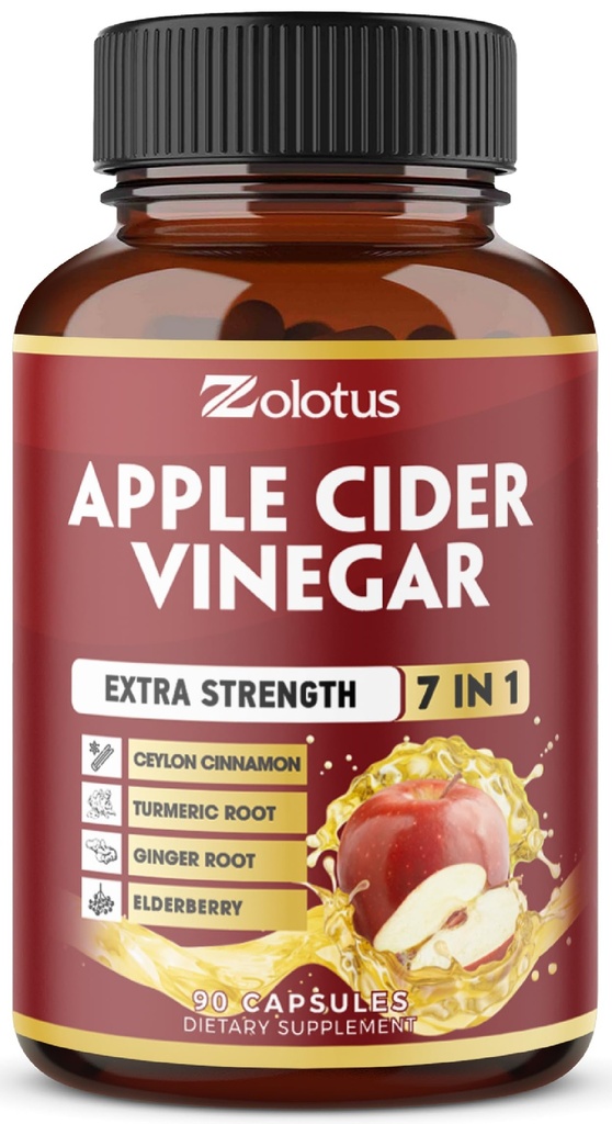 Zolotus 7 ב 1 Apple Cider Vinegar קפסולות, 3 חודשים אספקה עם Ceylon Cinnamon, ג'ינג'ר Root, Turmeric, Elderberry לתמיכה עיכול, Immune, 90 קפסולות