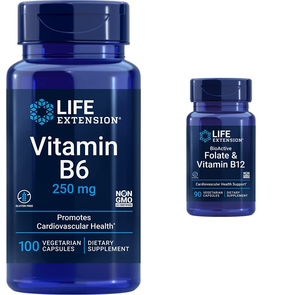 Life Extension ויטמין B6 250 מ"ג, 100 קפסולות צמחוניות & Folate & ויטמין B12, קפסולות צמחוניות, White, 90 Count