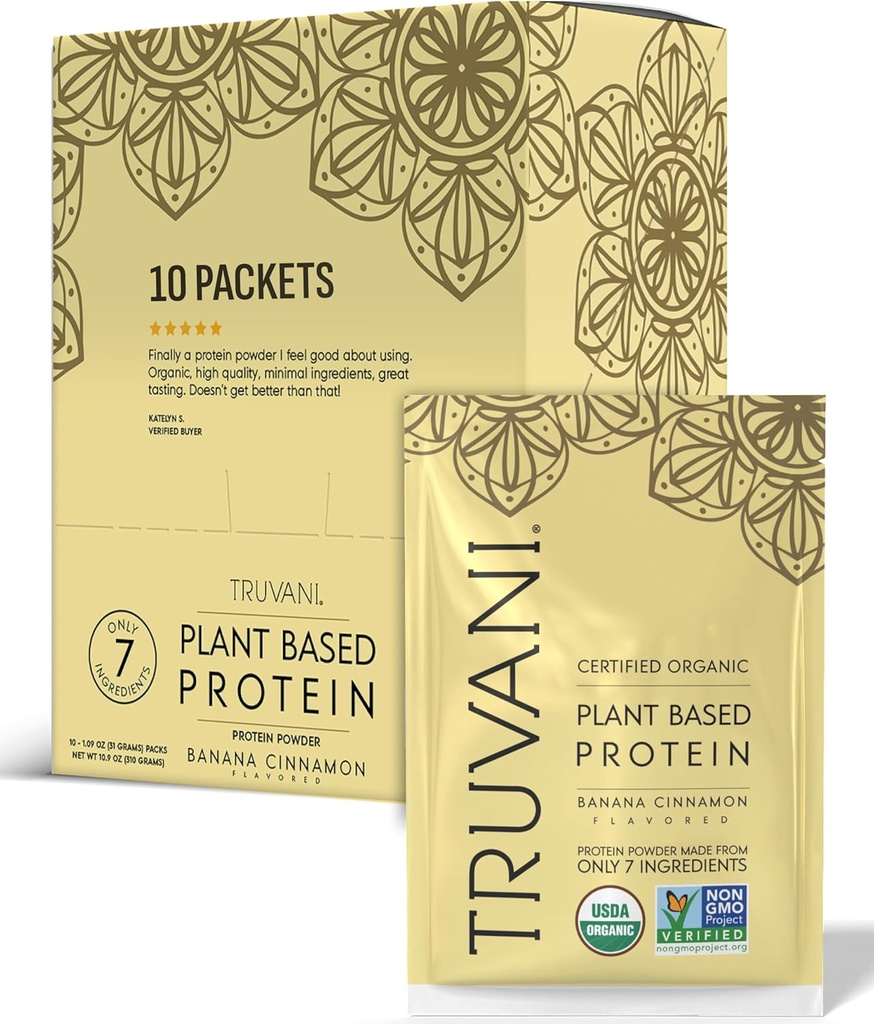Truvani Vegan Pea אבקת חלבון | בננה קינמון | 20g אורגני צמחי מבוסס חלבון | Single Serve Packets | 10 Serves | Keto | Gluten & Milk Free | Low Carb | לא תוספת סוכר