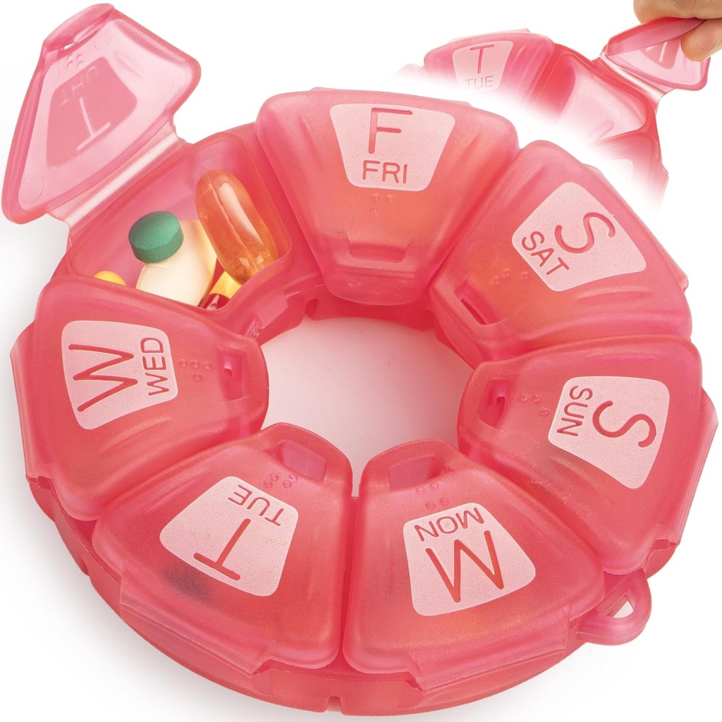 מארגנת גלולות שבועיות עגולות, TPU גומיized, Travel Container 7 יום, עם 7 השוואות גדולות, גדול עבור ויטמינים יומי ותוספים, תיק גלולה יפה עם אותיות גדולות וברילי (Rose)