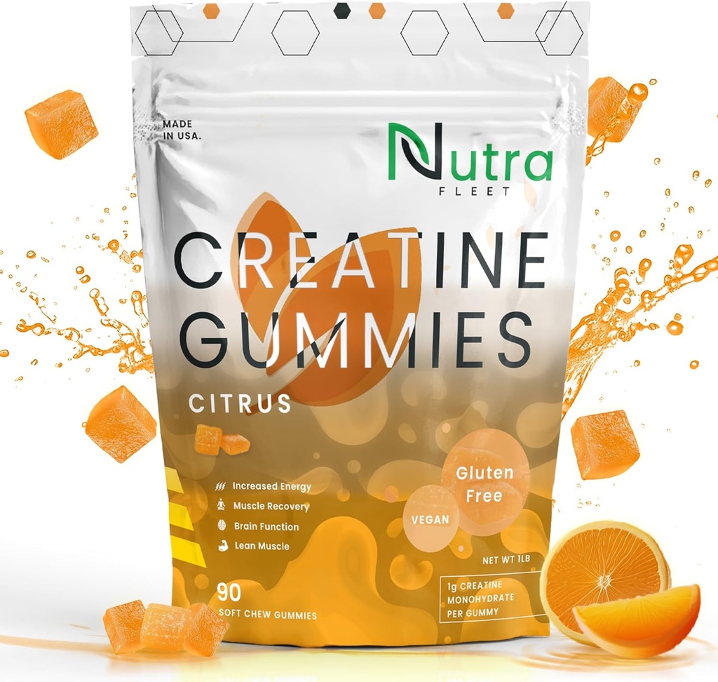 Creatine Monohydrate Gummies - 5g ללעוס monohydrate חניכיים עבור גברים ונשים - הגדלת כוח, שריר בונה - Boosts אנרגיה & Focus - קלוריות נמוכה, טבעוני וגלוטן חינם | ספירת 90 Citrus