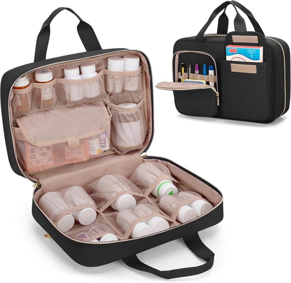 מארגנת התרופות, Pill Bottles Storage Bag for Prescription Medicine, Medical Supplies, Black Black