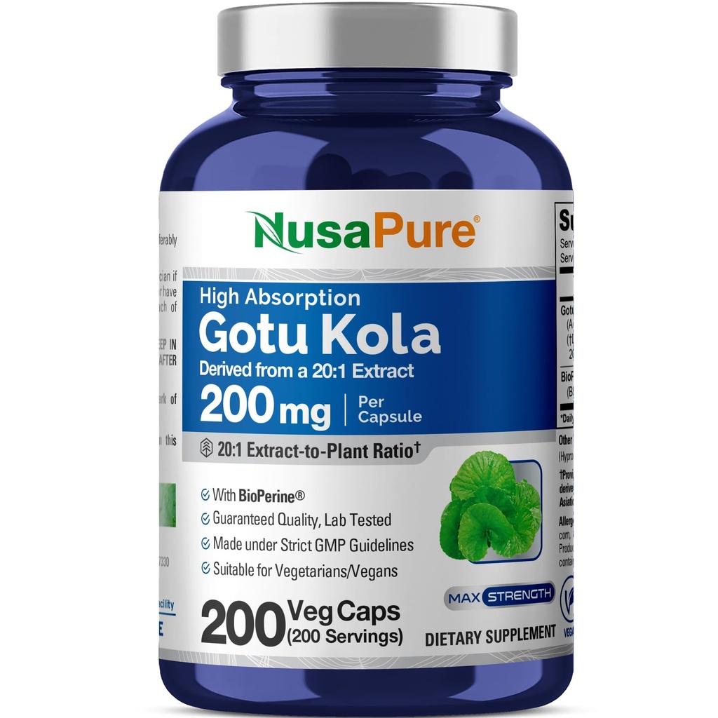 NusaPure Gotu Kola כמוסות 20:1 לחלץ, 200 מ"ג שווה ל 4000 מ"ג Per Veggie Caps, 200 הרוזן, non-GMO, טבעוני, Bioperine - מסורתי Herb לחלץ