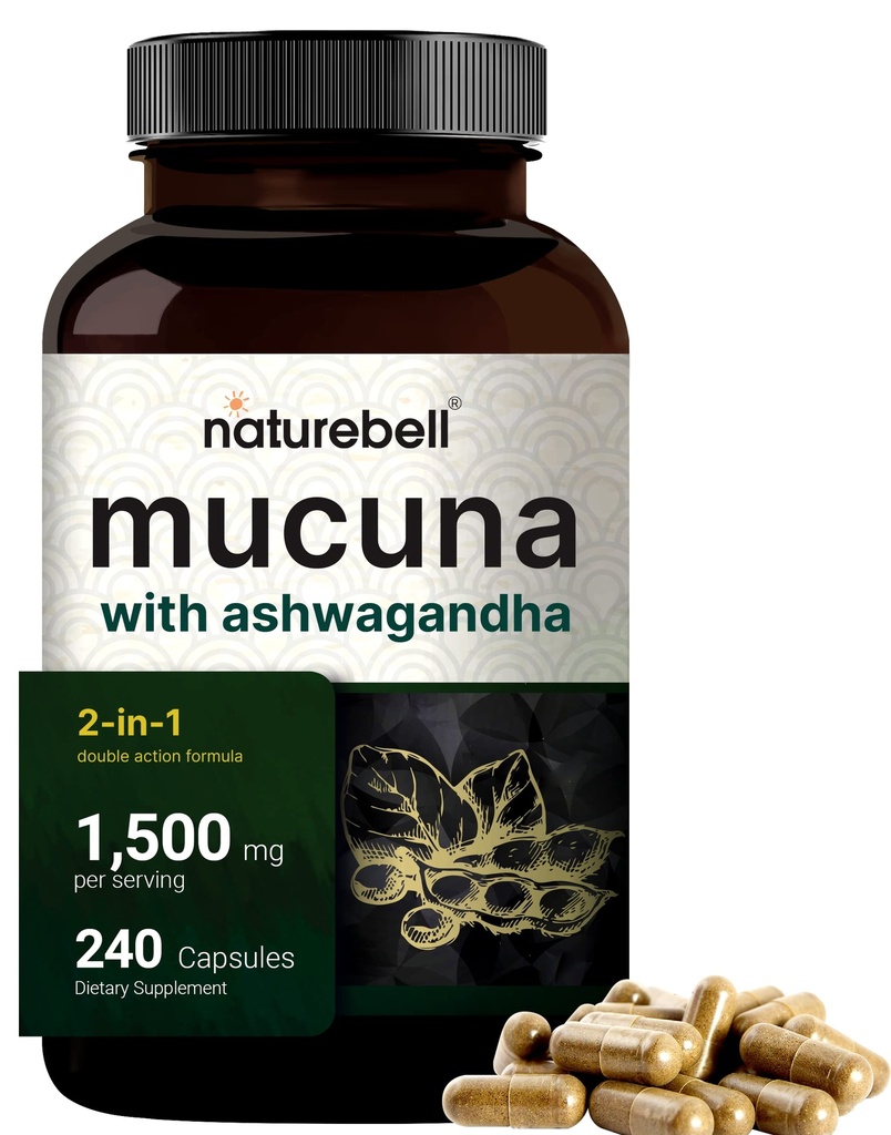 Mucuna Pruriens קפסולות, משולש כוח 1500 מ"ג פריר, 2 ב 1 פורמולה, מיוצר עם Mucuna ו Ashwagandha, 240 קפסולות, חלץ Seed לחלץ, חיובי Mood, מרגיעה ותמיכה שיקום