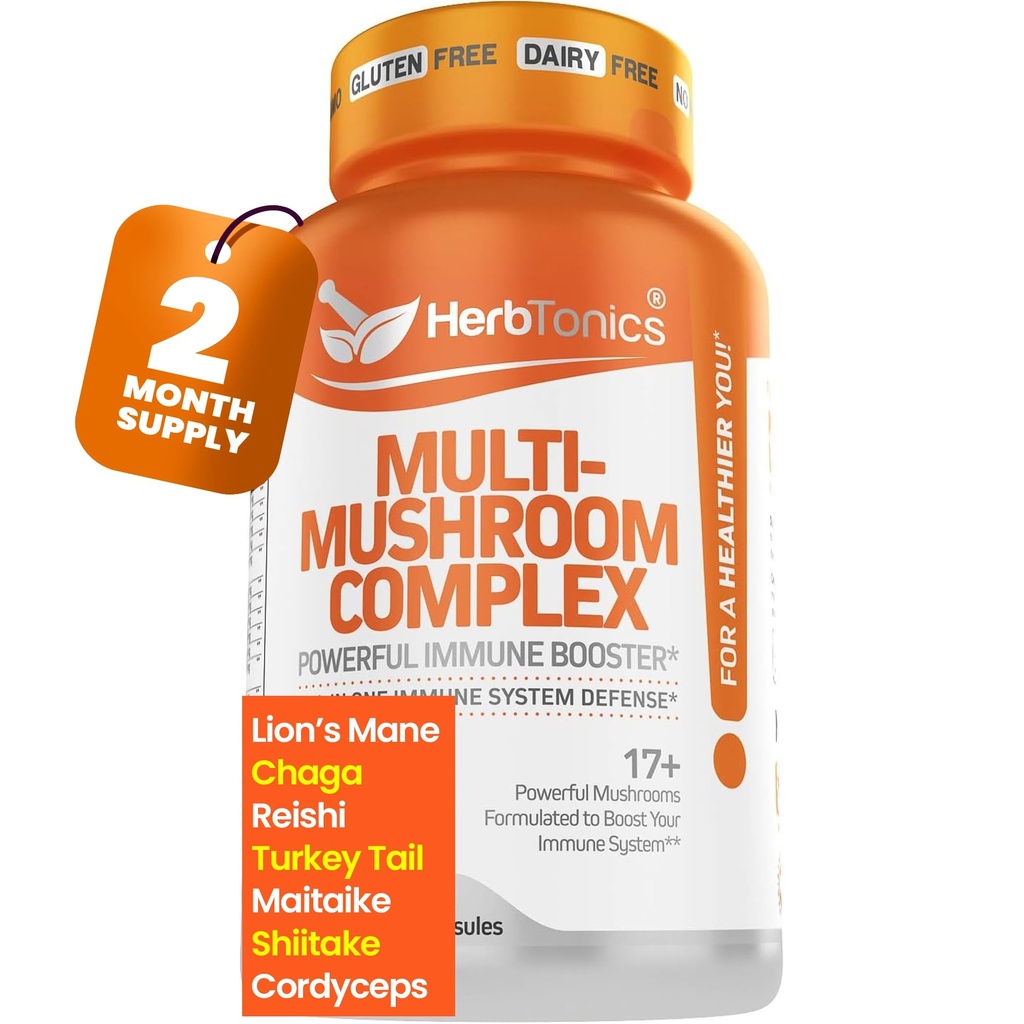Herbtonics All-in-One Mushroom for Immune System Support Supplement with Lion's Mane, Cordyceps, Reishi | Powerful Mushroom Complex