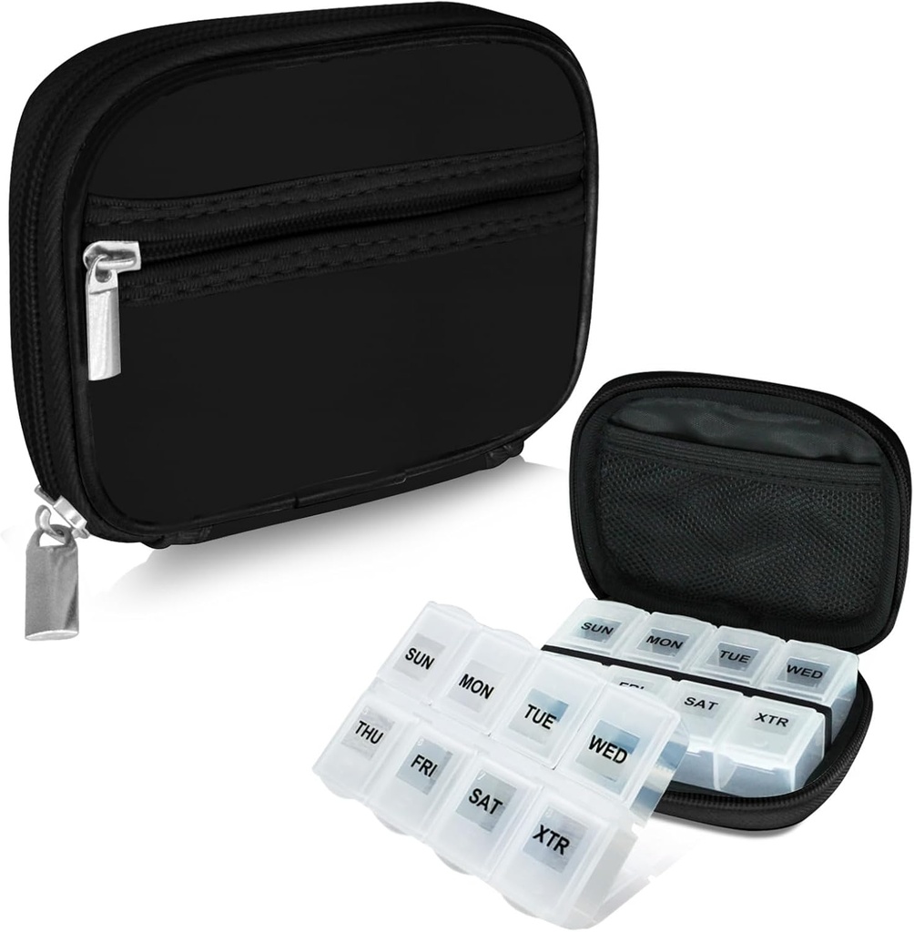 סרפימי נסיעות שבועיות גלולות מארגנת Pill Case for Purse with Removable 7 Day Pill Box, fashionable Travel Medicine Suiteer Pill Container for Medicine, ויטמין, תוסף שחור 01 + Pill Box