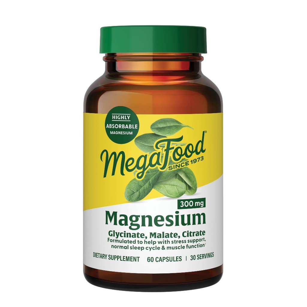 Mega Food Magnesium Glycinate, Citrate, Malate 300 מ"ג תוסף - Highly Absorbable בלגן לתמוך לב, עצבנות ורגיעה, מתחם משולש מגנזיום, 60 קפסולות (30 משרתים)