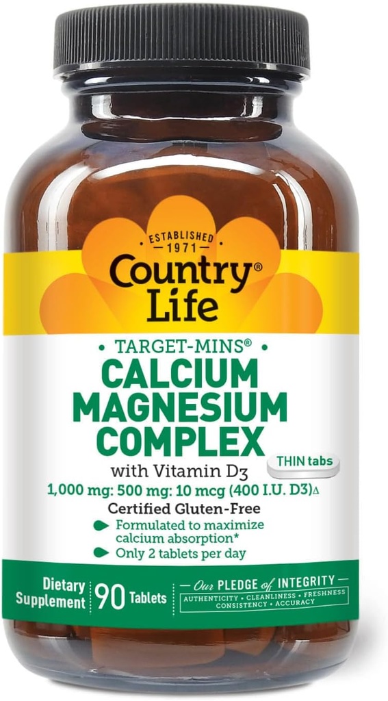 Country Life Target-Mins Calcium Magnesium עם ויטמין D-Complex, 1000 מ"ג /500 מ"ג, 90 טבליות, מוסמך Gluten חינם, מוסמך Vegetarian
