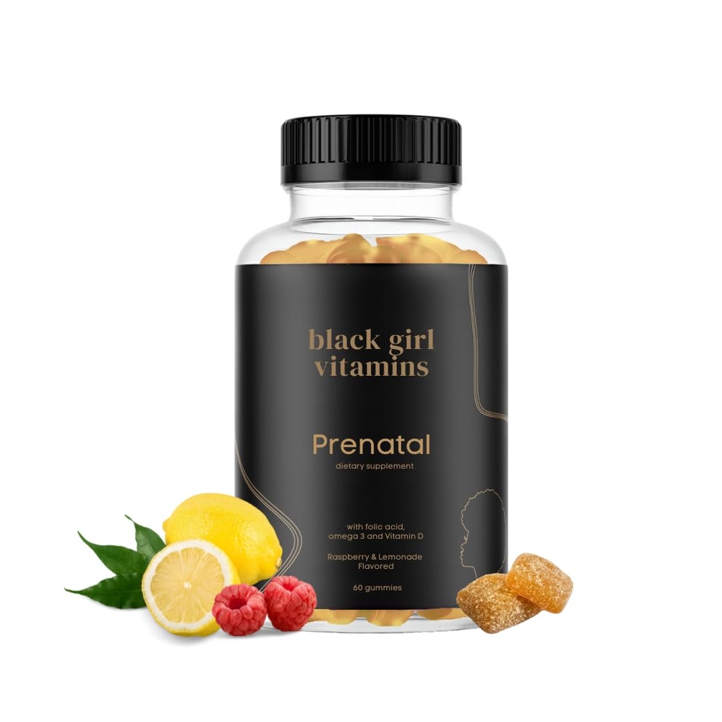 Black Girl ויטמינים - Prenatal Gummies עבור נשים ויטמין עם Folate לתמיכה בריאות העצם, Gluten-Free (Raspberry-Lemonade), 60ct