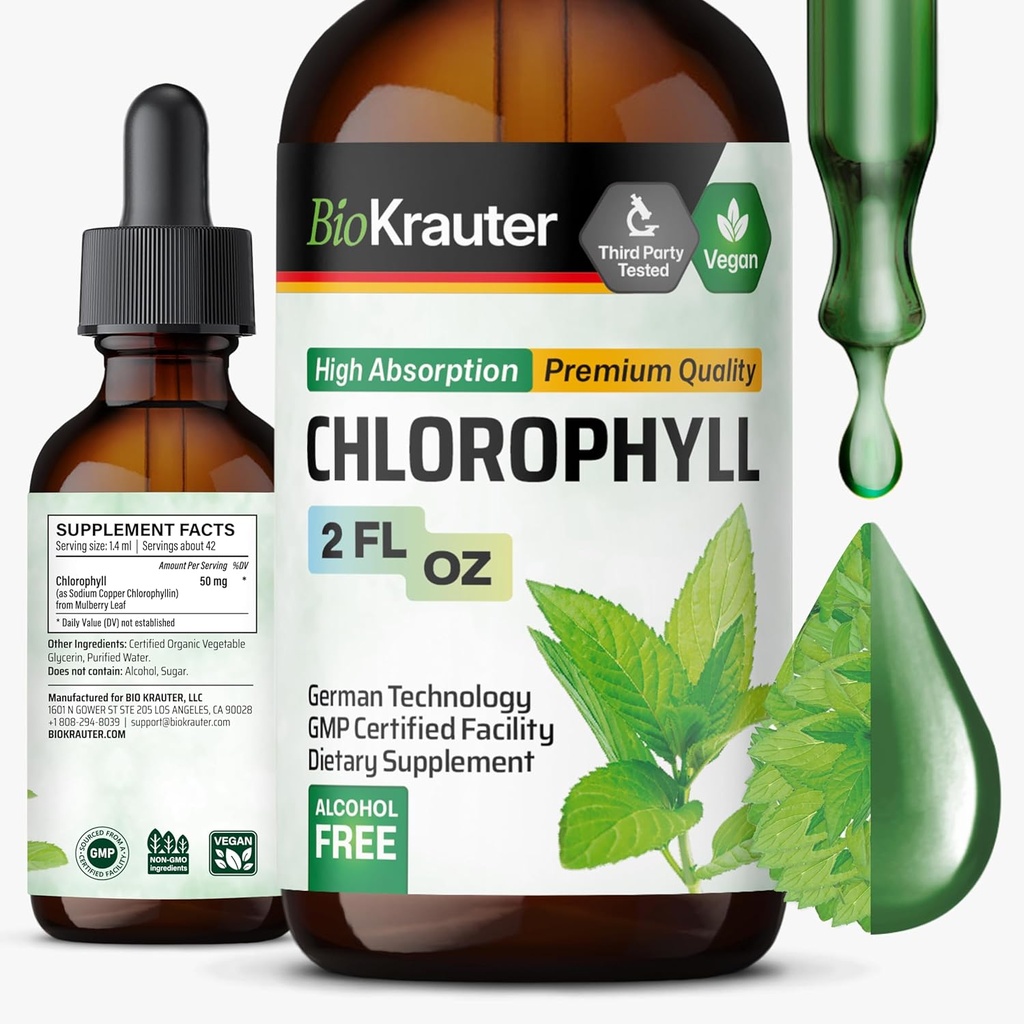 BIO KRAUTER נוזל Chlorophyll טיפות - תמיכה נקייה ו- Immune - Internal Deodorant - Sodium Copper Chlorophyllin לחלץ תוסף - 2 fl oz oz
