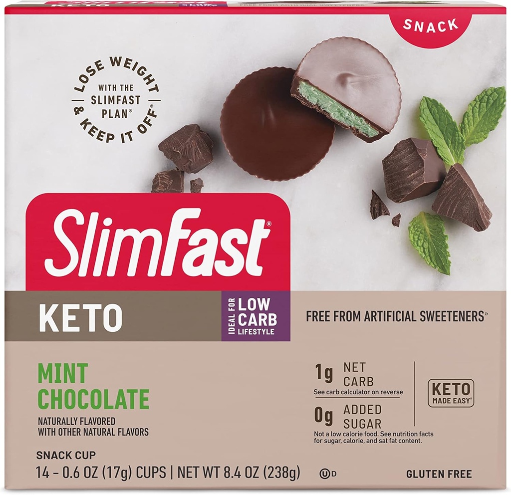 SlimFast Keto Fat Bomb חטיף גביע, שוקולד Mint, Keto חטיפים לירידה במשקל, דלת פחמימות עם 0g תוספת סוכר, 14 Count Box (Packaging May Vary)