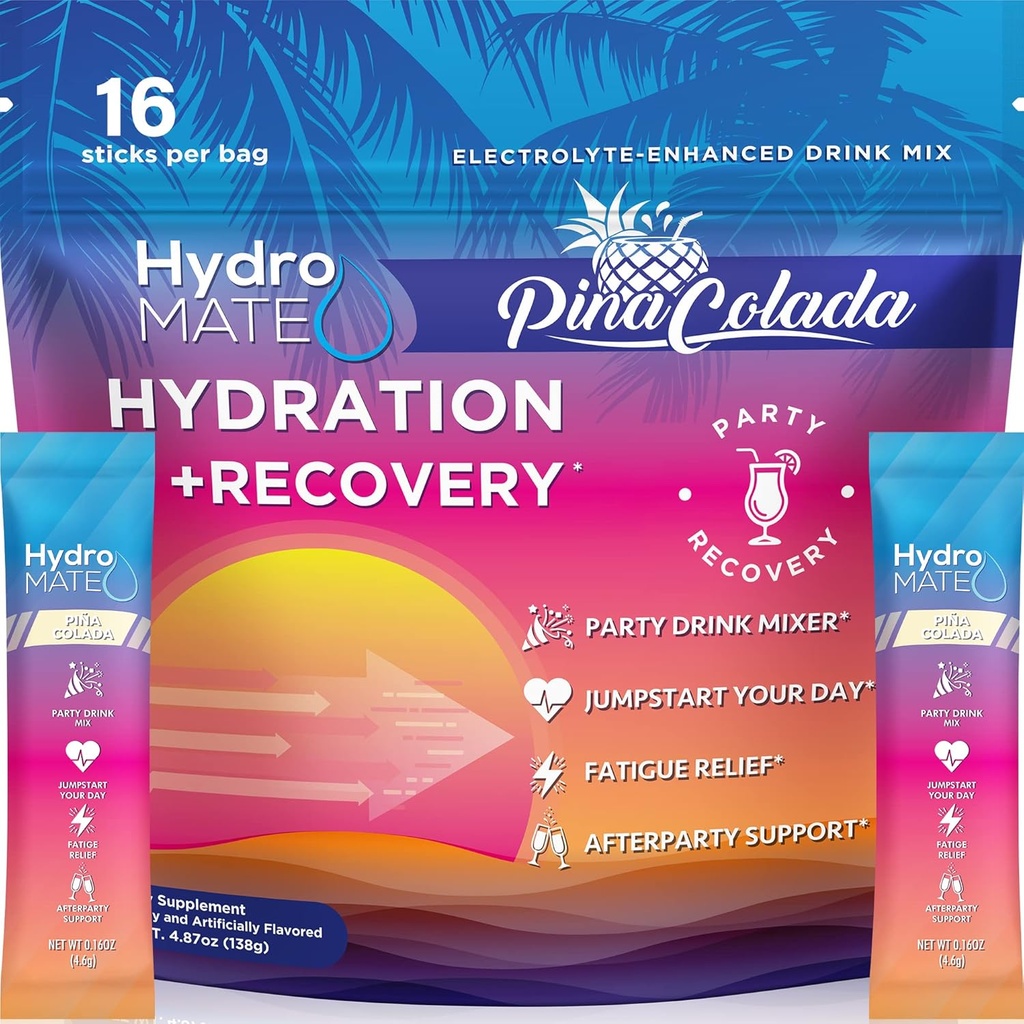 hydroMATE Electrolytes אבקת Packets Pineapple hydroelerator Low Sugar Party Favors for Recovery Tropical Piña Colada 16 Sticks