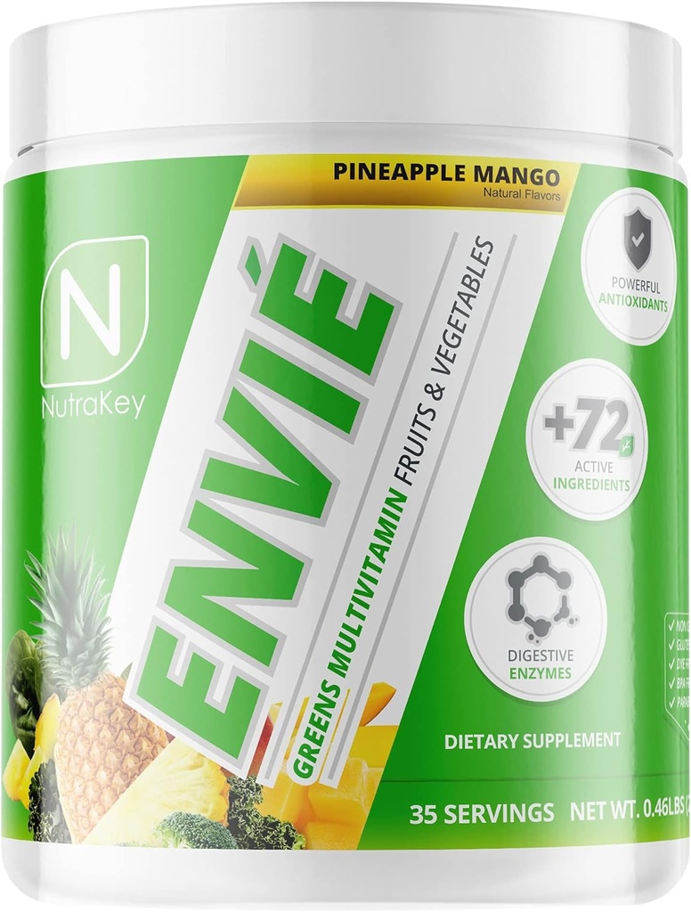 NutraKey Envie Multivitamin אבקה, Keto MultiVitamin עבור גברים ונשים, פירות, ירקות, נוגדי חמצון, Enzyive Enzymes, Amino Acids, ויטמין B אורגני אבקה (Pineapple, 210g)