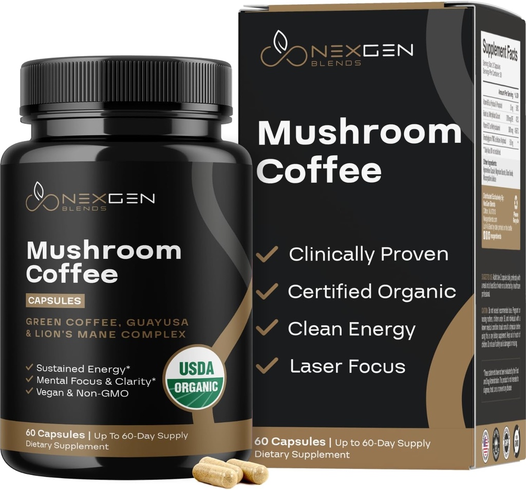 100% אורגני Mushroom קפה קפסולות - תוספת אנרגיה טבעית עם 130 מ"ג קפאין מן קליני פרובנס פטנט קפה ירוק Bean & Guayusa לחלץ Jitter אנרגיה & Focus (60 משרתים)