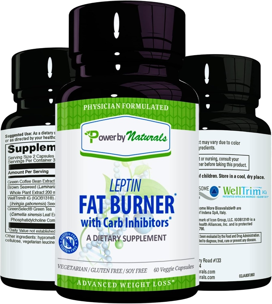 Power By Naturals: Leptin Fat Burner עם Carb Bloer - 60 קפסולות ללא גלוטן, Leptin משקל דיאטה גלולות, שומן יעיל שריפת Burner, Appetite Suppressant