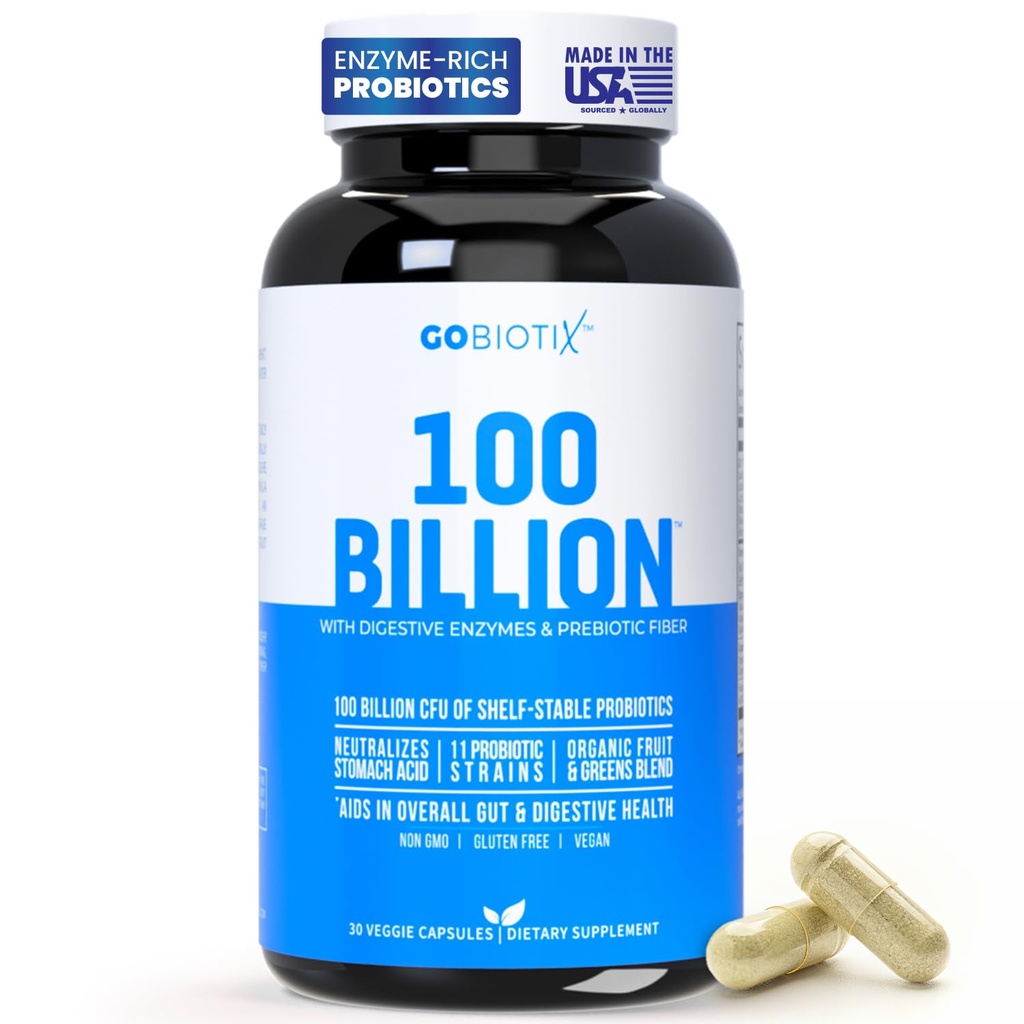 GOBIOTIX 100 מיליארד - תוסף Enzymes Digestive - Probiotics Multivitamin - Prebiotic סיבים - 100 מיליארד CFU - פירות אורגניים וירוקים בל - טבעוני, לא GMO - 30 קפסולות