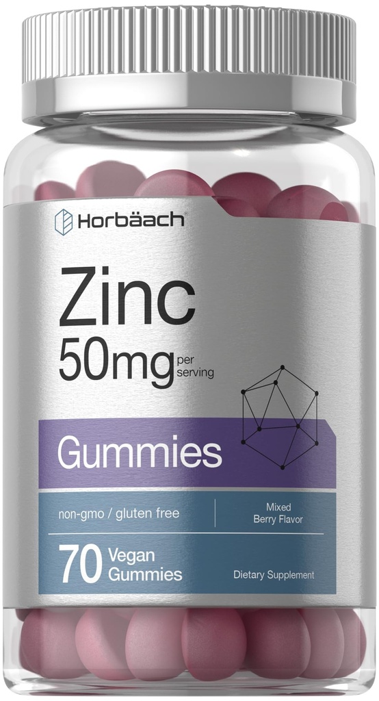 Horbäach Zinc 50 מ"ג | 70 חניכיים | מעורבים ברי פלאמור | טבעוני, non-GMO וגלוטן חינם פורמולה | Zinc Citrate Dietary Supplement