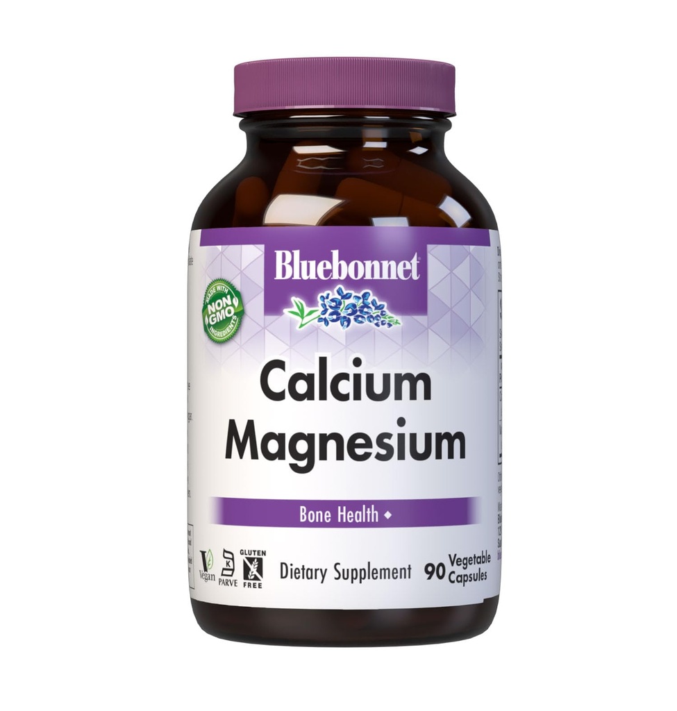Bluebonnet Nutrition Calcium & Magnesium, Bone Health *, Non-GMO, טבעוני, מוסמך כשר, Gluten-Free, Soy-Free, 90 קפסולות ירקות, 30 משרתים