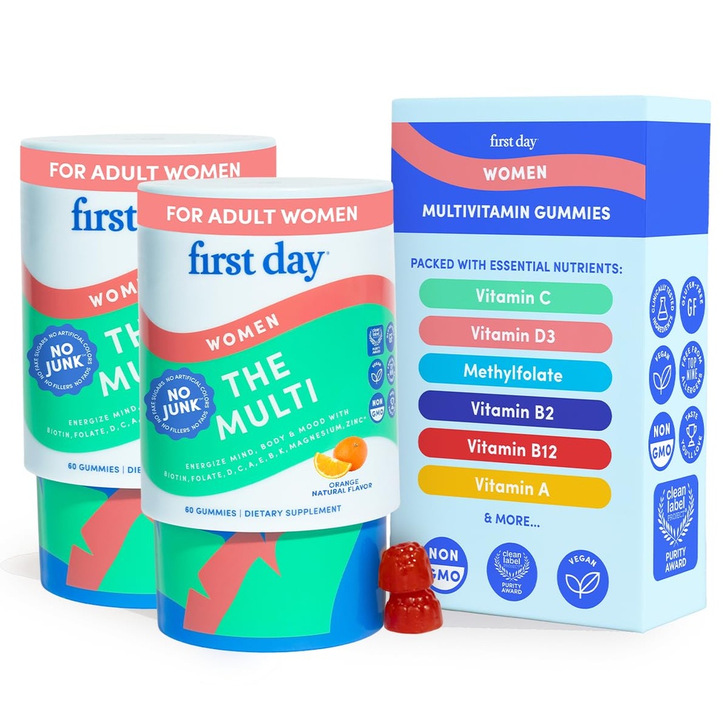 FIRST Day Multivitamin for Women - Daily Womens Multivitamin Gummies - ויטמין A C D E B12, Magnesium, Zinc, Biotin - טבעוני, Gluten Free Womens ויטמינים - שיער, עור, אנרגיה - 60 יום אספקת אספקה, 60