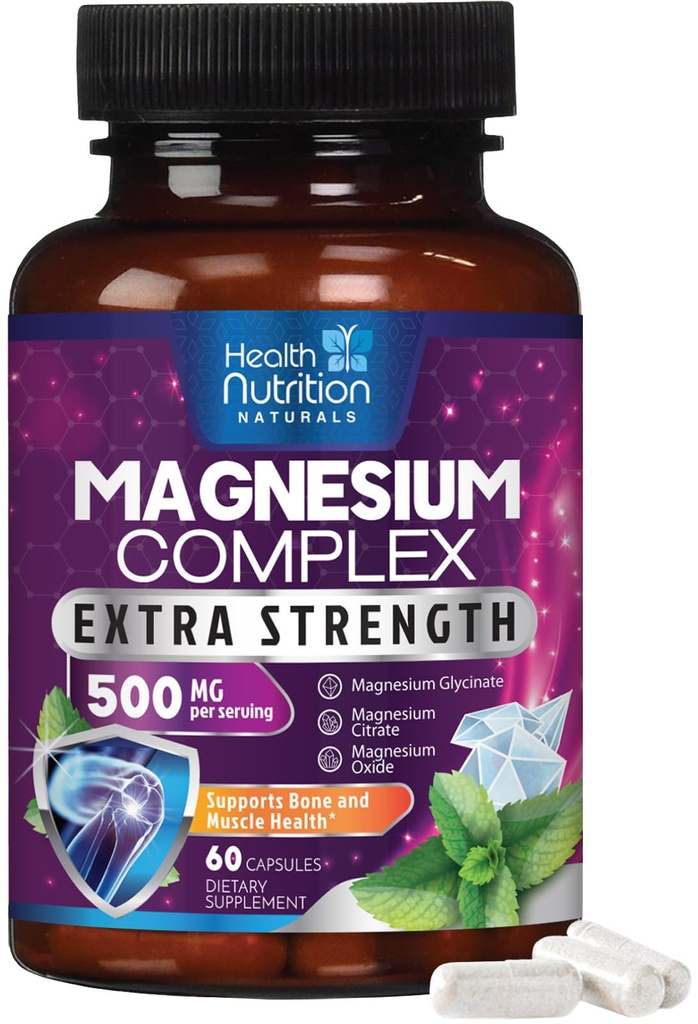 Magnesium Complex כמוסות 500 מ"ג עם Oxide, Glycinate, Malate, Citrate - High Absorption Complex Chelated Magnesium מינרלים תוספת - עבור שריר, עצמות ותמיכה בריאות הלב - 60 קפסולות