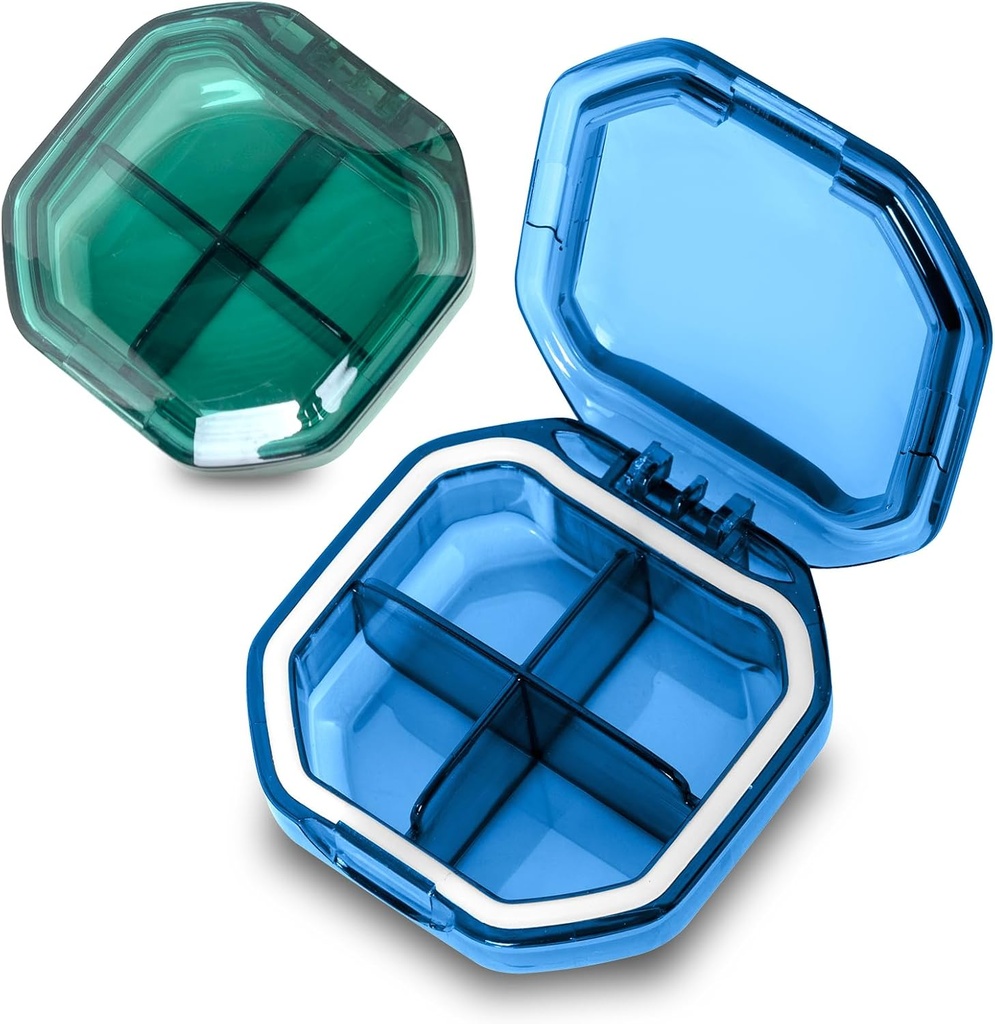 Daily Pill Organer, 2 Pack 4 השוואתי Small Pill Box Fit, Travel Pill מארגנת עבור Purse Pocket כדי להחזיק ויטמינים, שמן Cod Liver, תוספים ותרופות (כחול + ירוק)