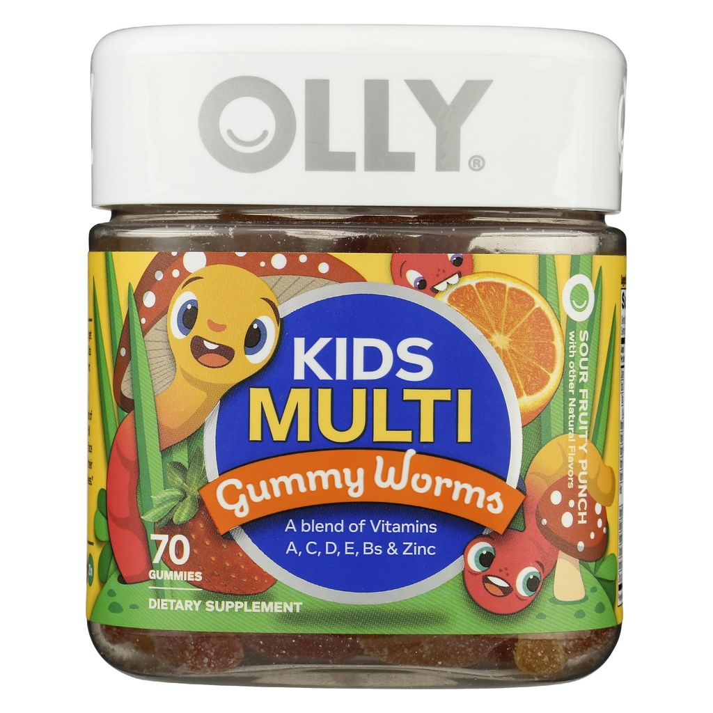 OLLY Kids Multivitamin Gummy Worms, כולל בריאות ותמיכה Immune, ויטמינים ומינרלים A, C, D, E, Bs ו Zinc, Chewable, Sour Fruit Punch, 45 יום אספקה - 70 ספירה