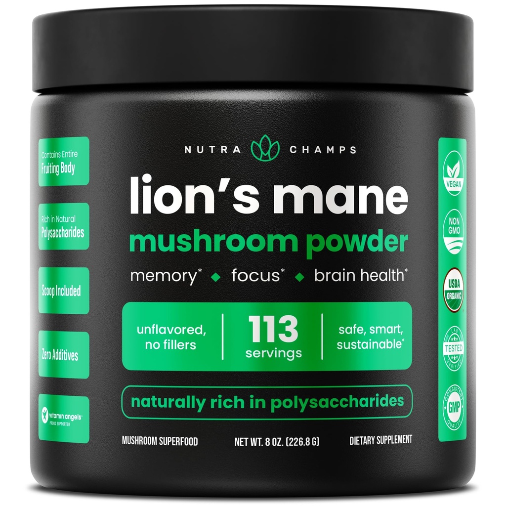 NutraChamps אורגני Lions Mane אבקה - 2000mg Powerful Nootropic עבור זיכרון, פוקוס, Immune תמיכה - אבקת Mane Mushroom של אריה טבעוני עם באופן טבעי Occurring Beta-Glucans - 8oz