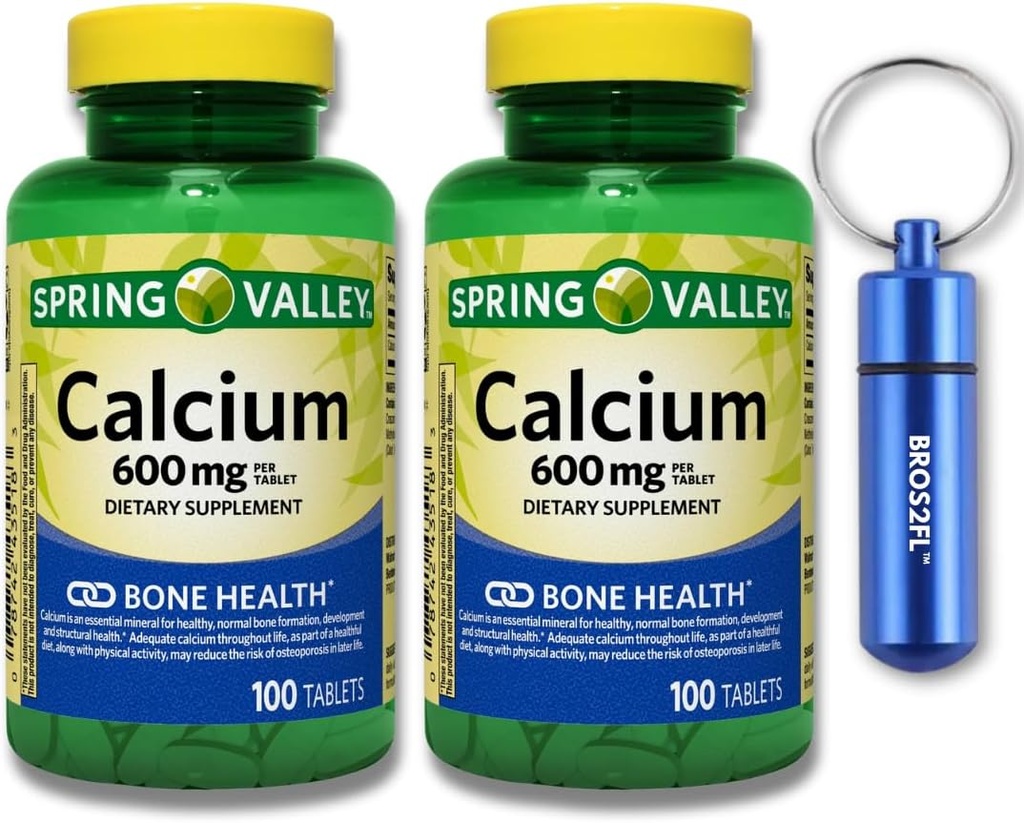 Calcium Bone Health Dietary Tablets, 600 מ"ג, 100 Count (2-Pack) Bundle עם BROS2FL Keychain מים עמידת מים ניידת גלולות (2 פריטים)