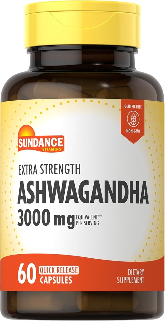 Sundance Ashwagandha כמוסות | 3,000 מ"ג | 60 Count | תוספת כוח פורמולה | עם Black Pepper Extract | Non-GMO ו- Gluten Free Supplement