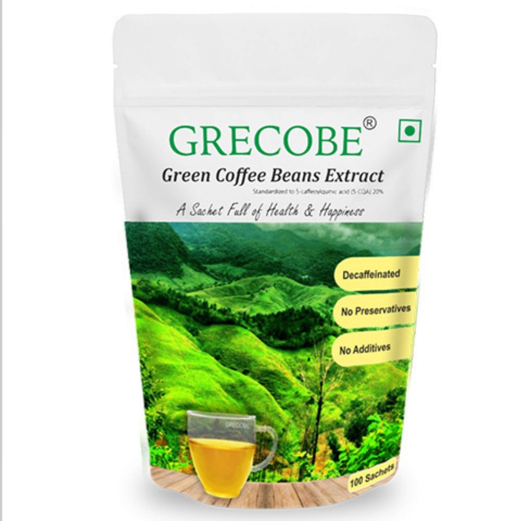 100% טהור קפה ירוק beans לחלץ עם 50% חומצות chlorogenic, Decaffeinated, נוגד חמצון | לשמור על Metabolism - (1Pouch- 100 sachets)