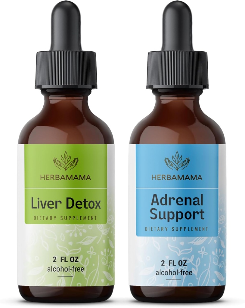 HerBAMAMA Herbal Liquid Drops Kit - Bundle of Liver Detox Complex 4 fl oz & Adrenal Support Drops 2 oz - טבעוני, non-GMO, Sugar & אלכוהול חינם - 2 Pack