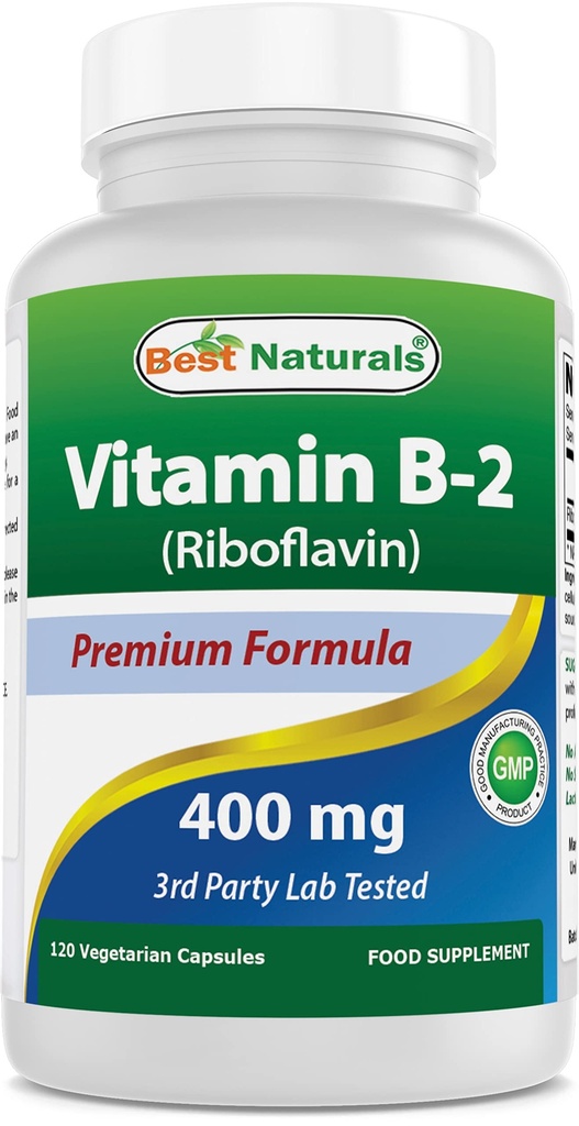 Best Naturals ויטמין B2 (Riboflavin) 400 מ"ג - Migraine Relief - Veggie כמוסות - Conezyme Precursor - 120 Count Count