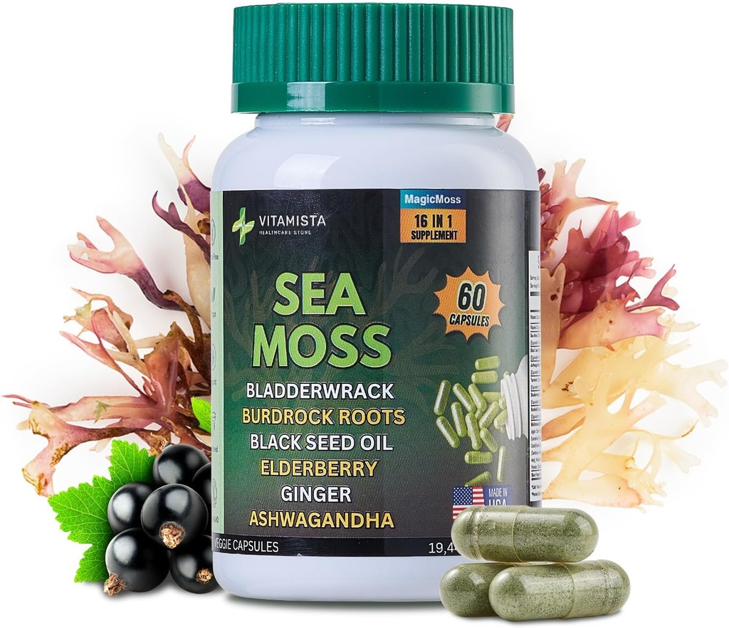 Sea Mosss כמוסות - 16-in-1 Sea Mos תוסף עם Bladderwrack, Burdock Root, Black Seed Oil, Ashwagandha - Immune Support & Energy Booster - 60 קפסולות טבעוניות (19445 מ"ג)