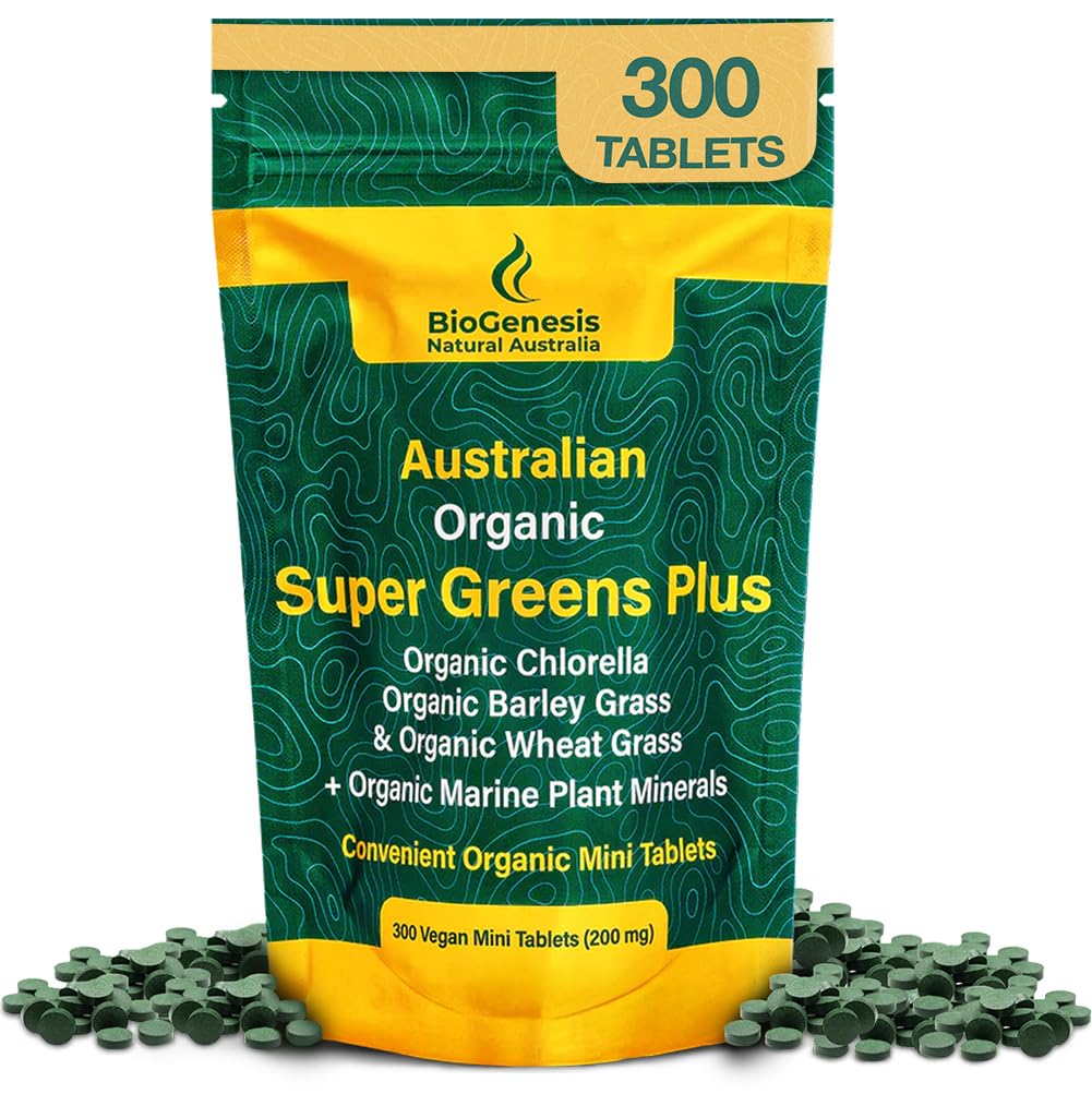 Biogenesis Super Greens Plus Tablet - 300 Count (200 מ"ג) | Unflavored | אורגני Chlorella, Wheatgras & Barley Grass
