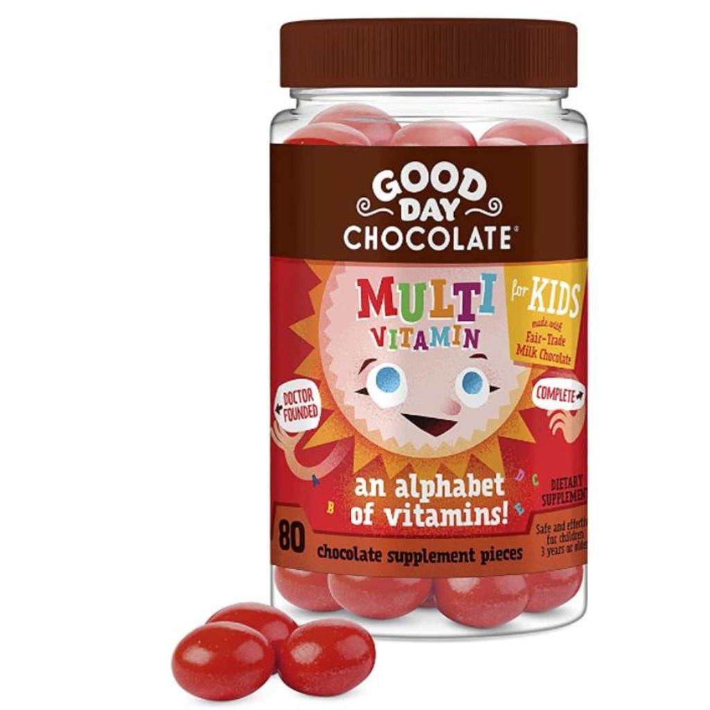 יום טוב שוקולד מלא Multivitamin לילדים, תוספת יומית של ויטמינים A, B6, B12, B12, C, D, E, Folate ו- Biotin, 2g של סוכר, סחר הוגן ושוקולד non-GMO, 80 חתיכות