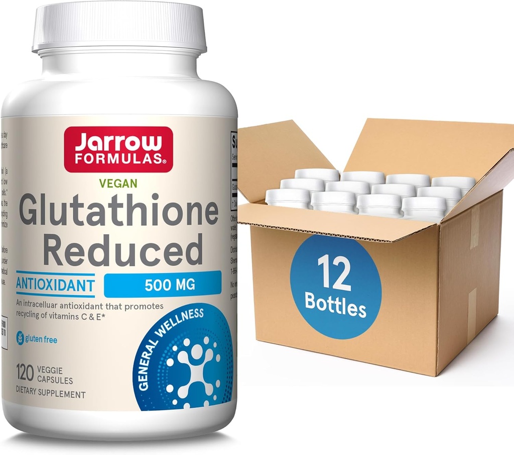 Jarrow Formulas Glutathione מופחת 500 מ"ג - 120 Veggie קפסולות - Intracell Antioxidant- Quality Glutathione תוספים - תמיכה מחזור של ויטמינים C & E- non-GMO- Gluten Free- טבעוני, 12 Packs