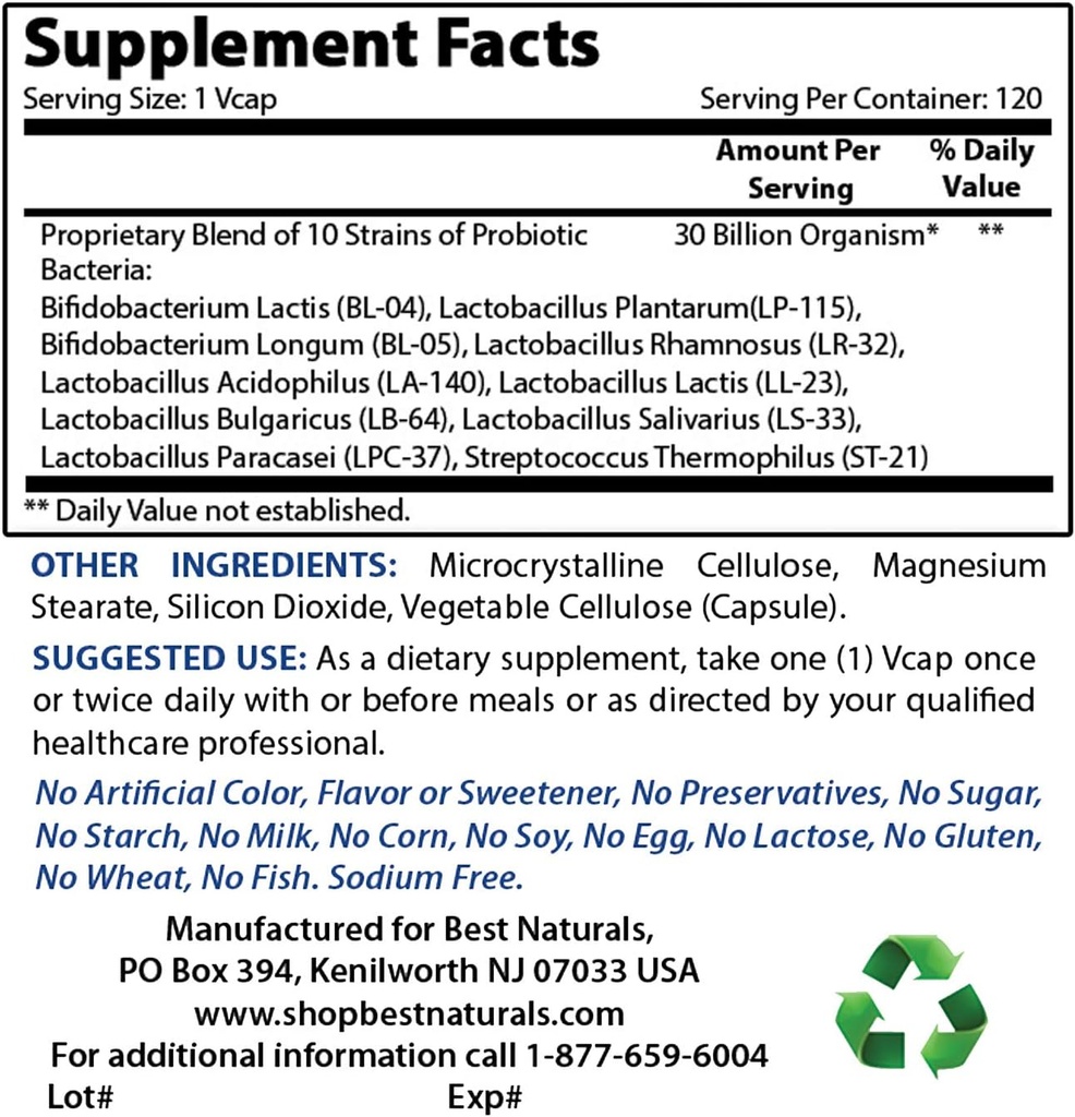 Best Naturals Probiotic 10 Strains & 30 מיליארד CFU & ויטמין B2 (Riboflavin) 400 מ"ג