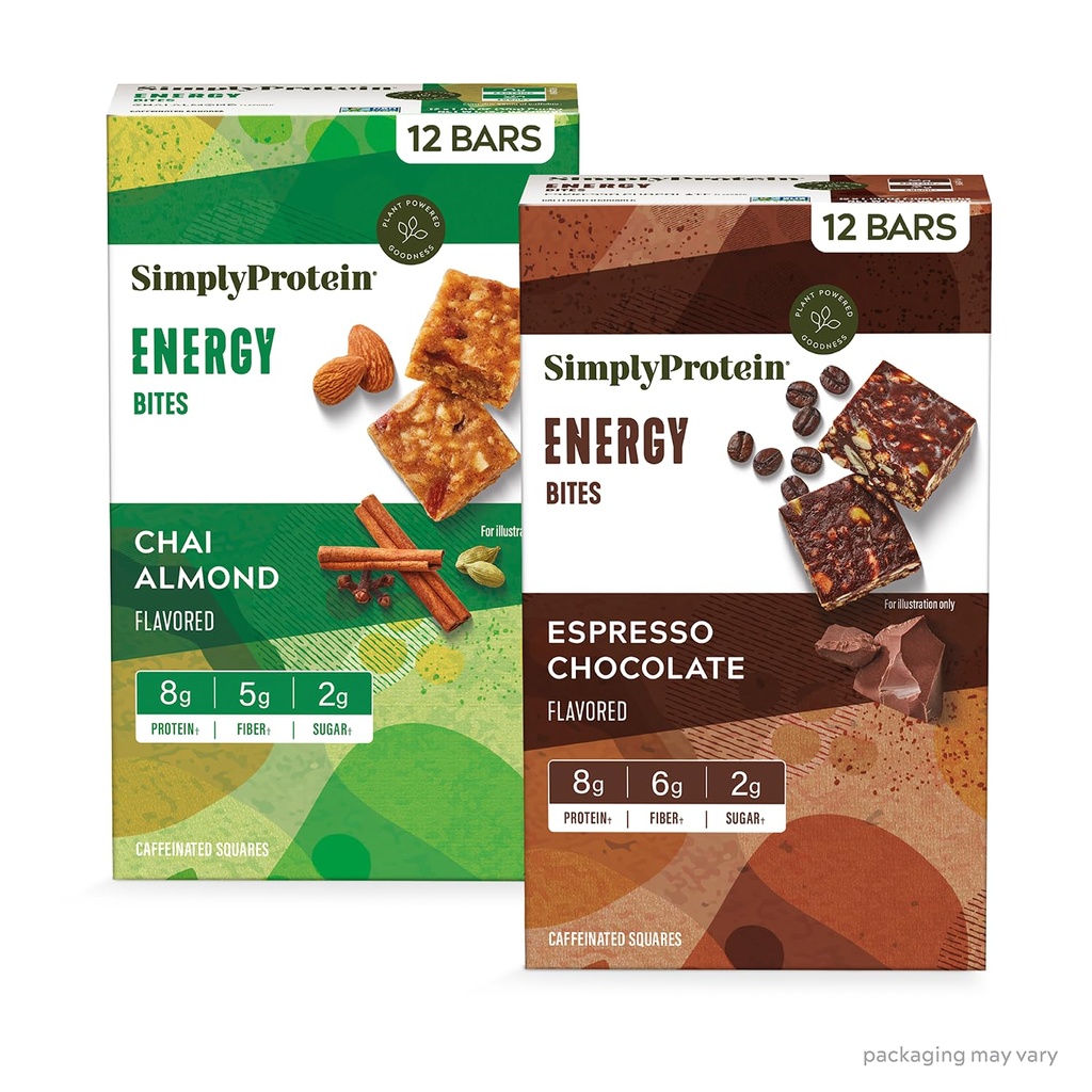 פשוט חלבונים - אנרגיה Bites Variety Pack, 24 Bars - Plant Based Caffeinated Squares - 55mg Caffeine - אנרגיה Boost - 8g חלבון, 2g סוכר, 5-6g סיבים, 120-130 קלוריות - טבעוני, Gluten Free, Non GMO