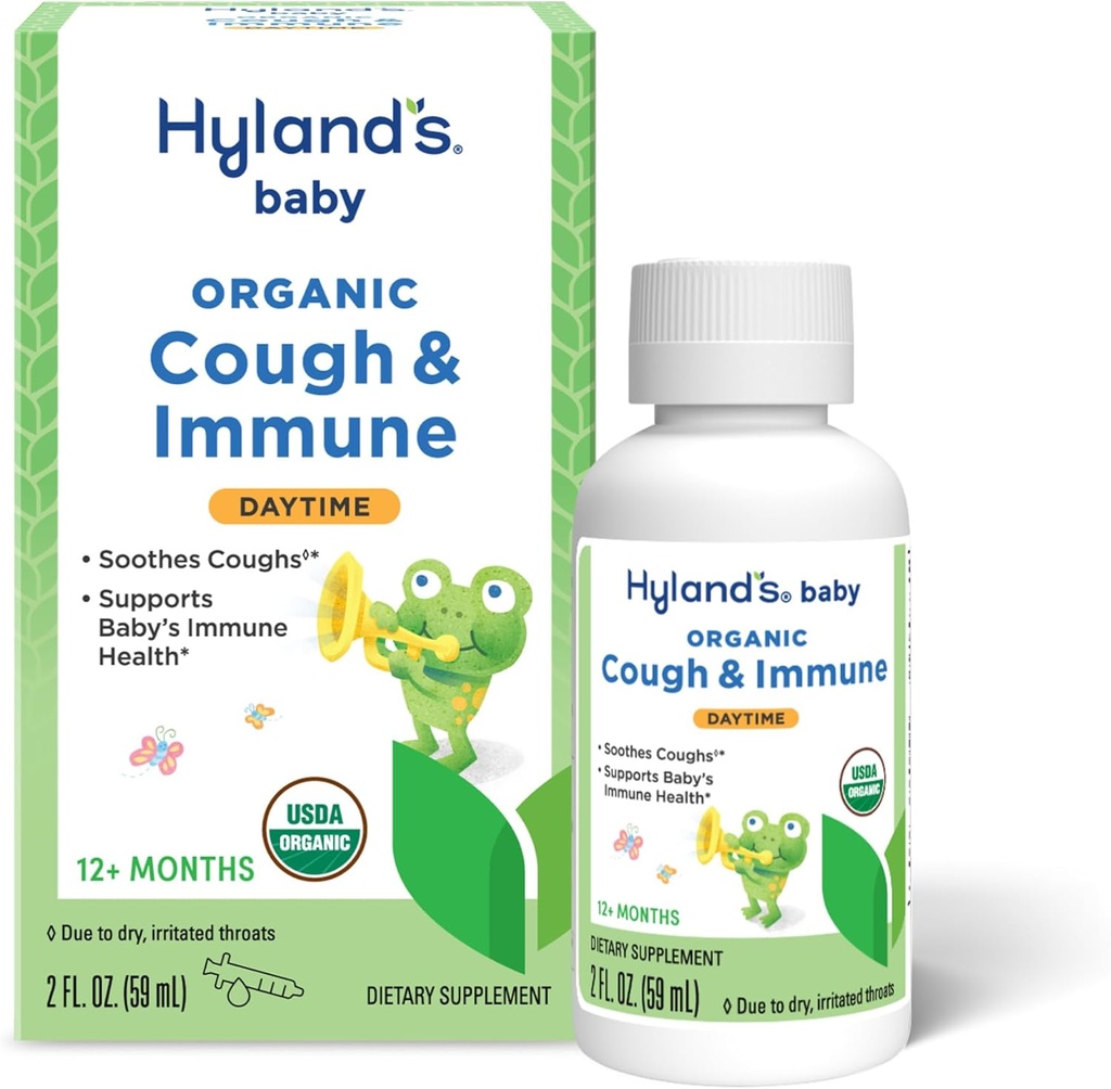 התינוק של Hyland's Baby Organic Cough Syrup ו- Immune Support with Agave, Elderberry ו- Pomegranate, Soothes Cough, and Supports Immunity, Daytime, 2 Fl. Oz.