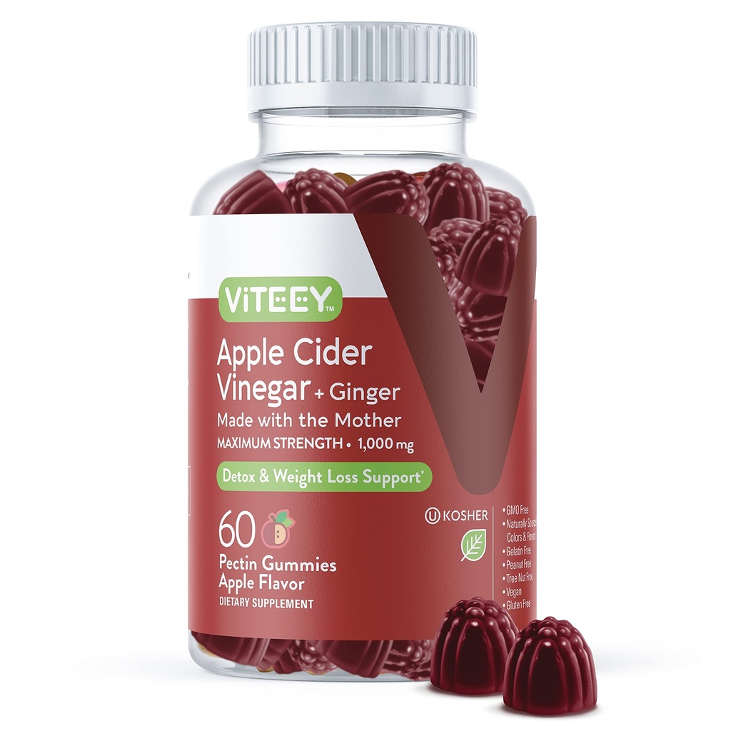 Vite Apple Cider Vinegarmies וג'ינג'ר - 1000 מ"ג AC חניכיים לירידה במשקל, Detox and Digest - טבעוני, Gluten-Free - 60 Count