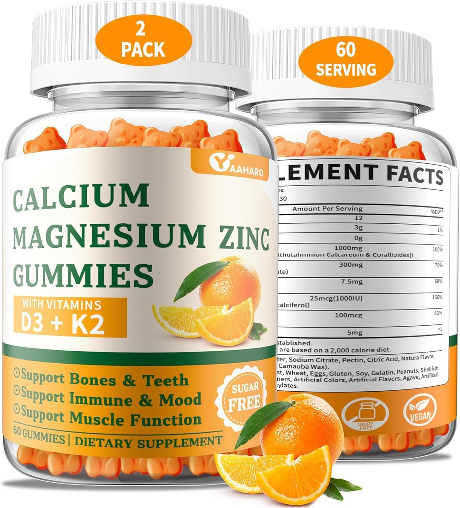 (2 Pack) Calcium Magnesium Zinc Gummies עם ויטמין D3 & K2 - סוכר חינם Calcium חניכיים לנשים וגברים - תמיכה העצם & Immune - Non-GMO, Gluten-Free, כתום פלאמורד - 120 הרוזן ספירה